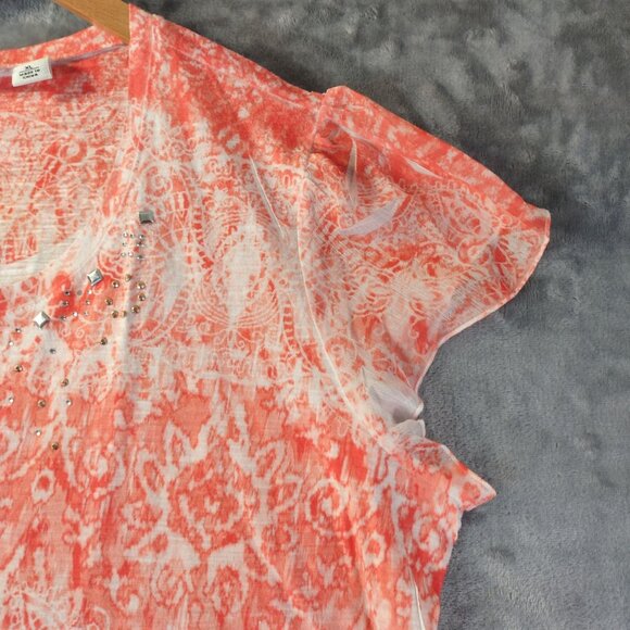 Cato Womens XL Orange White Burnout Ruffle Hem Top Blouse Boho Artsy Summer Vibe - Picture 6 of 11